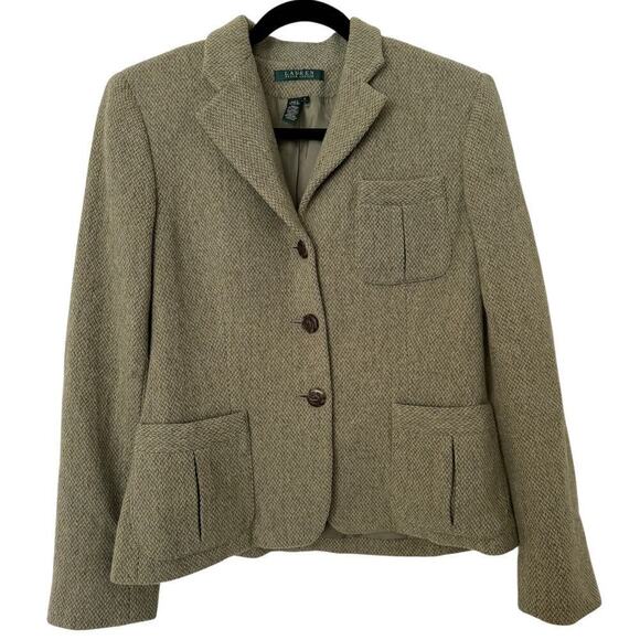 Vintage Wool Blended Ralph Lauren Green Collared Blazer - Size 6 - Picture 1 of 4